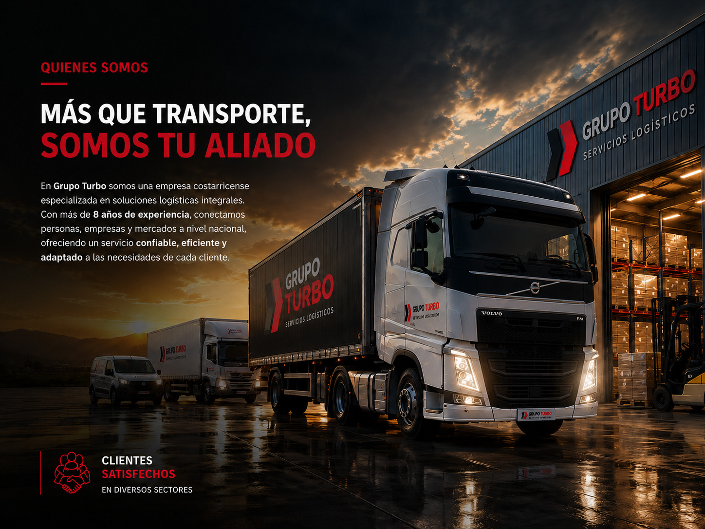 Ejecutivos de Grupo Turbo cerrando un acuerdo, camión de fondo